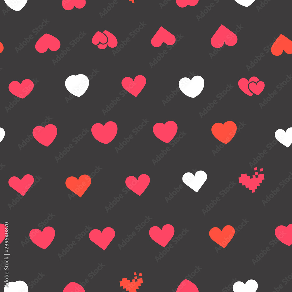 Hearts symbols on black background. Vector seamless pattern