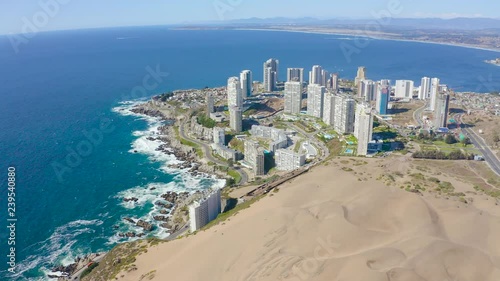 Aerial view and cityscape of Viña del Mar, Chile, with dunes and beaches 