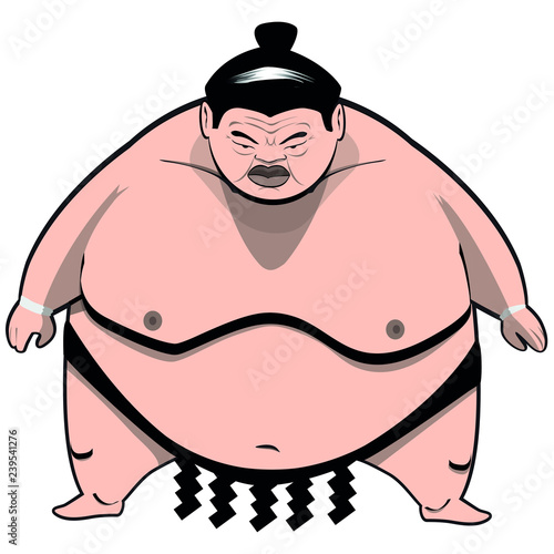 Hand drawn asian sumo wrestler. Very fat and evil looking cartoon vector character