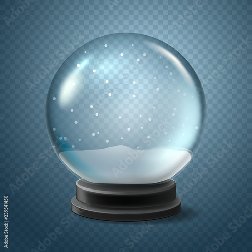Christmas snow globe isolated on transparent background. Vector 3d illustration.  Winter Xmas toy. Crystal ball with falling snow. photo