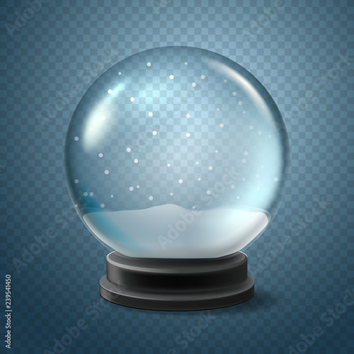 Christmas snow globe isolated on transparent background. Vector 3d illustration.  Winter Xmas toy. Crystal ball with falling snow.