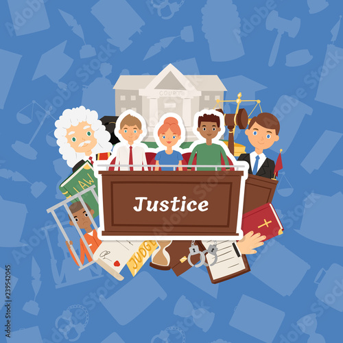 Judge vector justice law court and legal judgment of people character criminal character in prison backdrop illustration judicial courthouse background