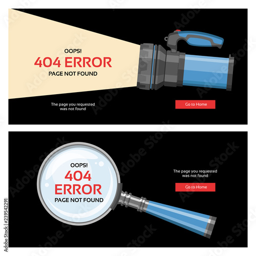 Error 404 page vector internet problem web warning message webpage not found illustration set of erroneous website failure backdrop alert site is broken information magnifier flash-light background