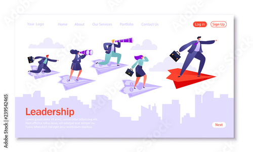 Concept of landing page for mobile website development and web page design. Five business people flying on paper planes. Vector illustration leadership theme, motivation, teamwork.