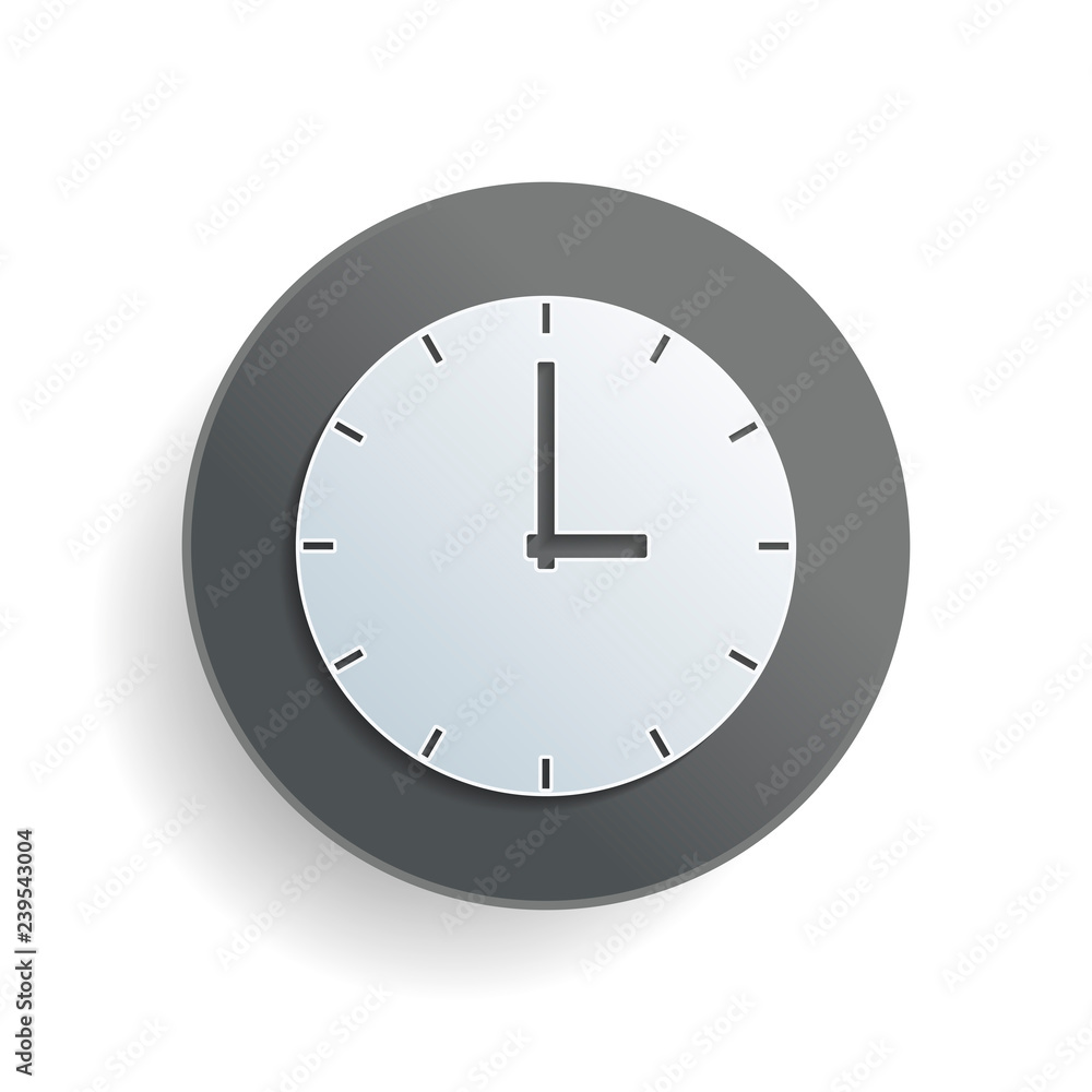 Simple clock icon. White paper symbol on gray round button with shadow Simple clock icon. White paper symbol on gray round button with shadow