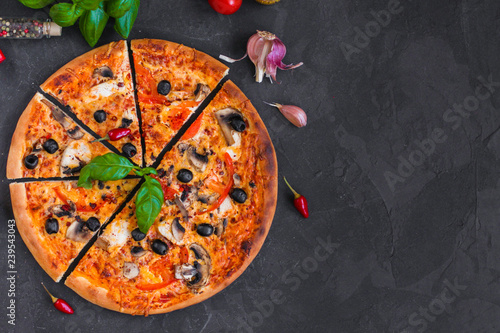 pizza, mushrooms, olives, chicken, tomato sauce, cheese. food background