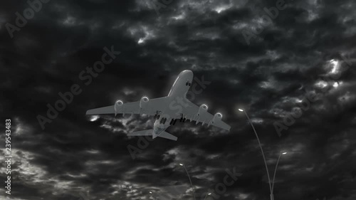 Trinidad and Tobago, approach of the aircraft to land at night in cloudy weather, flying over the name of the country and its flag photo