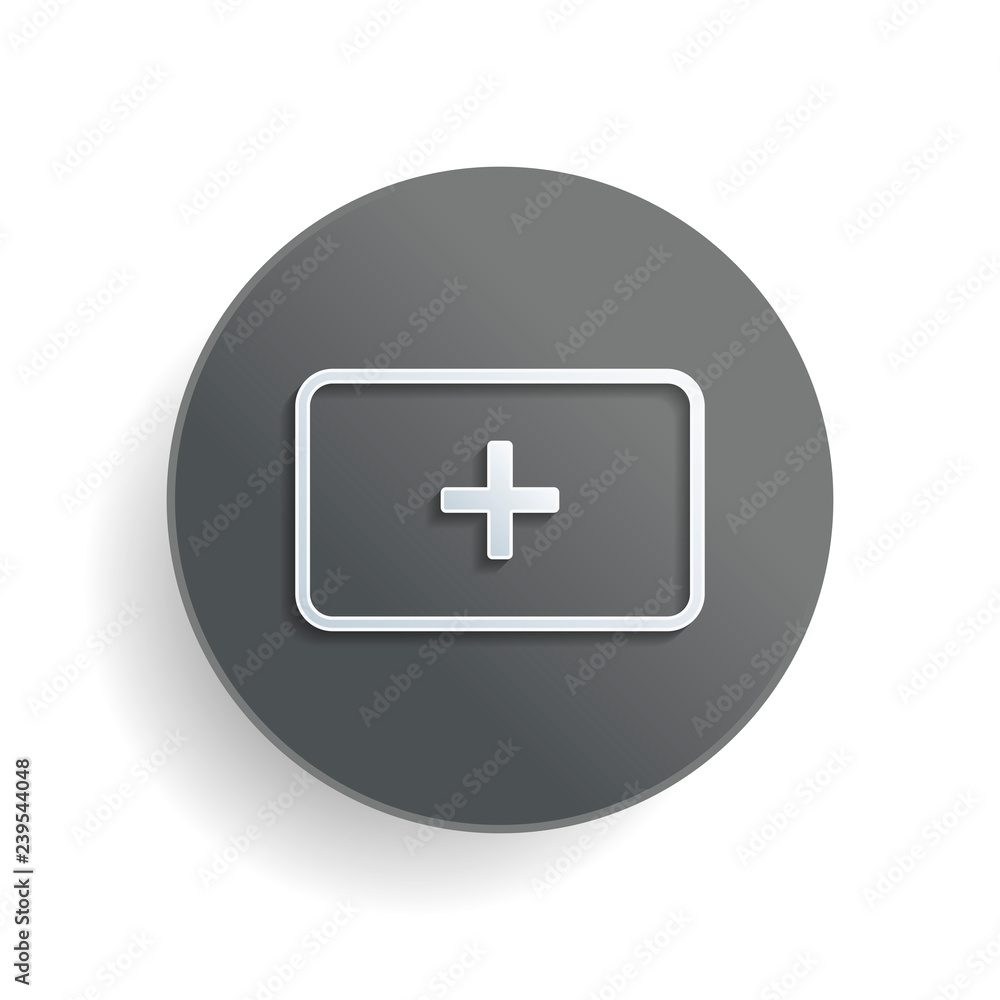 Fototapeta premium First aid box. simple icon. White paper symbol on gray round button with shadow