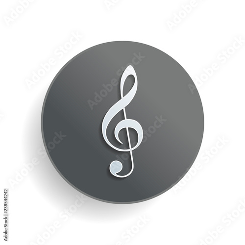 Simple icon of treble key. White paper symbol on gray round button with shadow