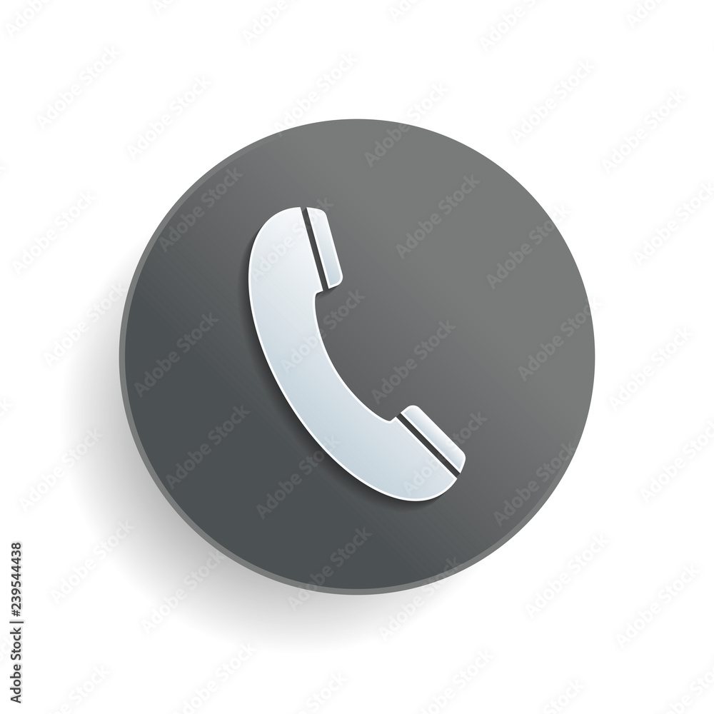 Telephone receiver icon. White paper symbol on gray round button with shadow Telephone receiver icon. White paper symbol on gray round button with shadow