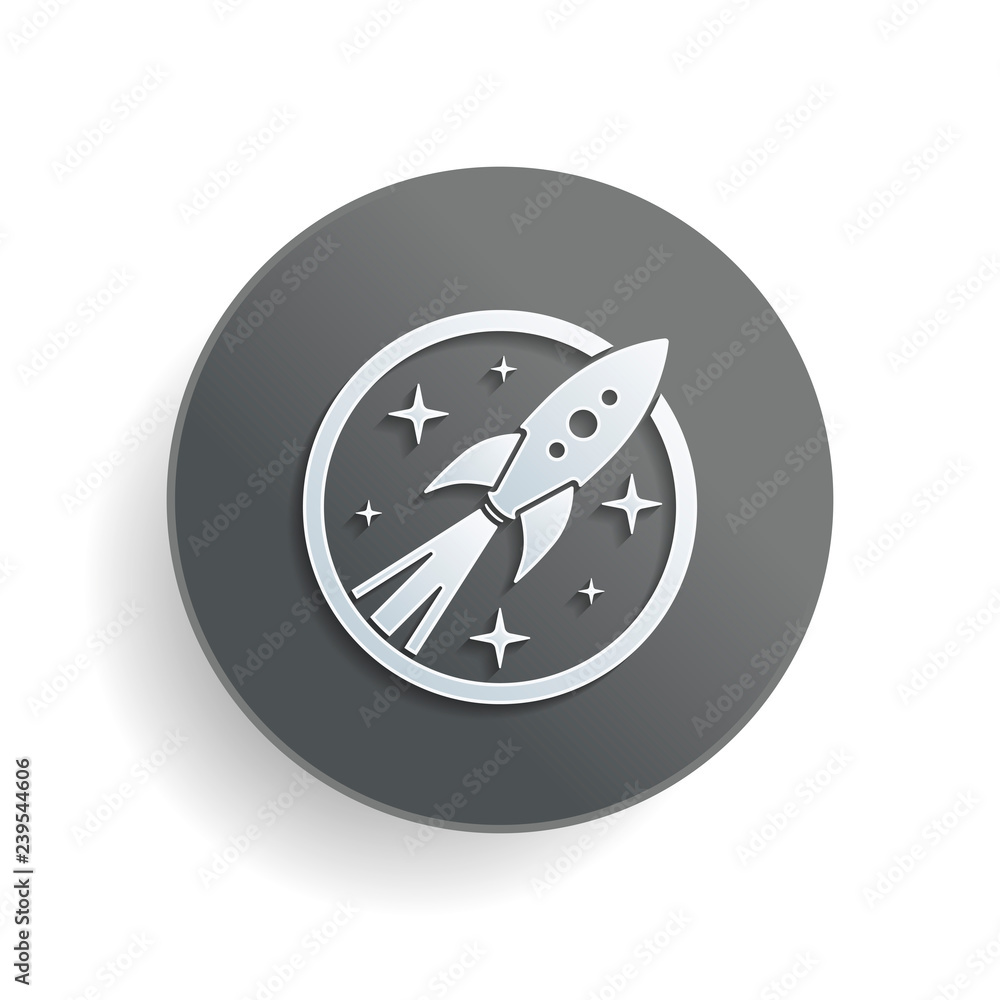 rocket launch with stars in circle icon. White paper symbol on gray round button with shadow rocket launch with stars in circle icon. White paper symbol on gray round button with shadow