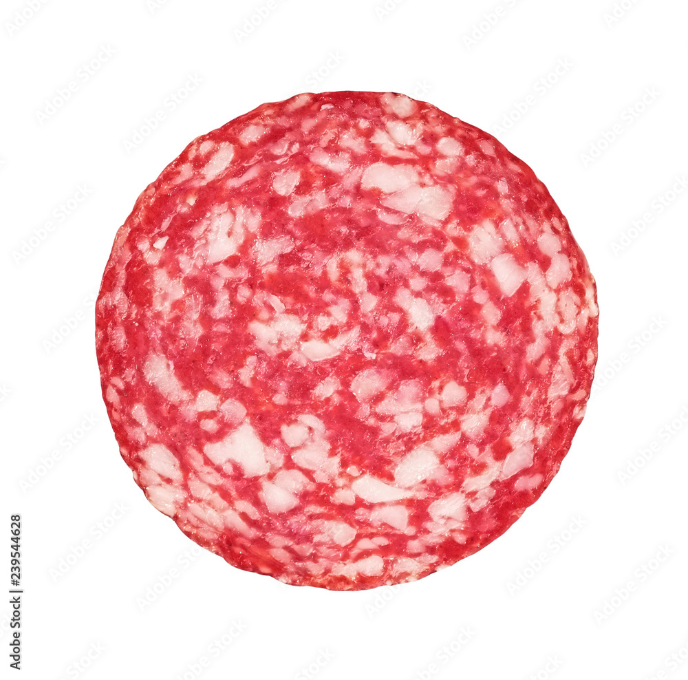 .Slices of salami. Isolated on a white background. sausage cut.uncooked smoked.mincemeat.. .Slices of salami. Isolated on a white background. sausage cut.uncooked smoked.mincemeat..