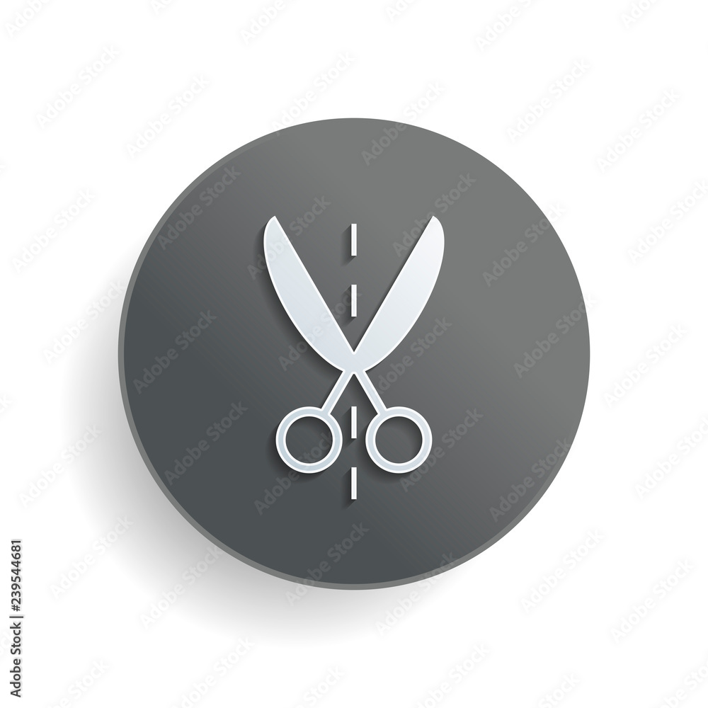 Scissor icon. White paper symbol on gray round button with shadow Scissor icon. White paper symbol on gray round button with shadow