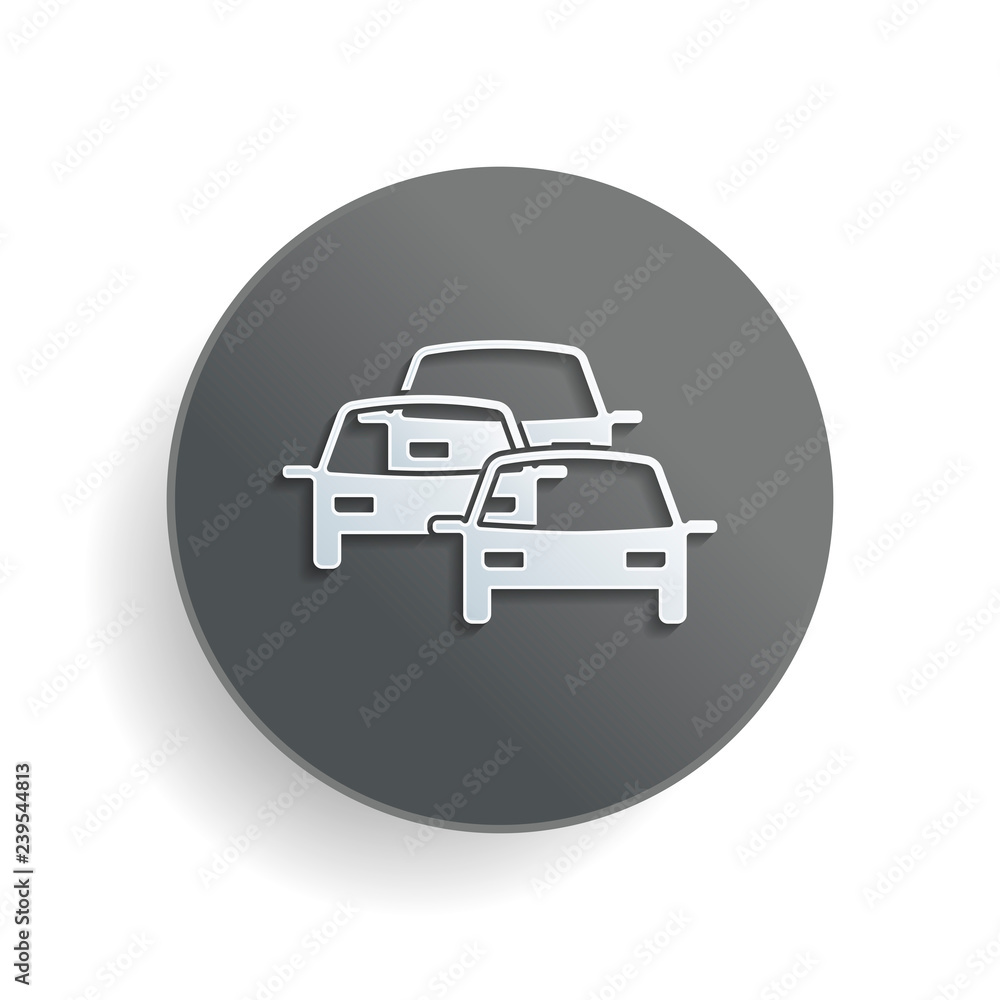 traffic jam icon. White paper symbol on gray round button with shadow