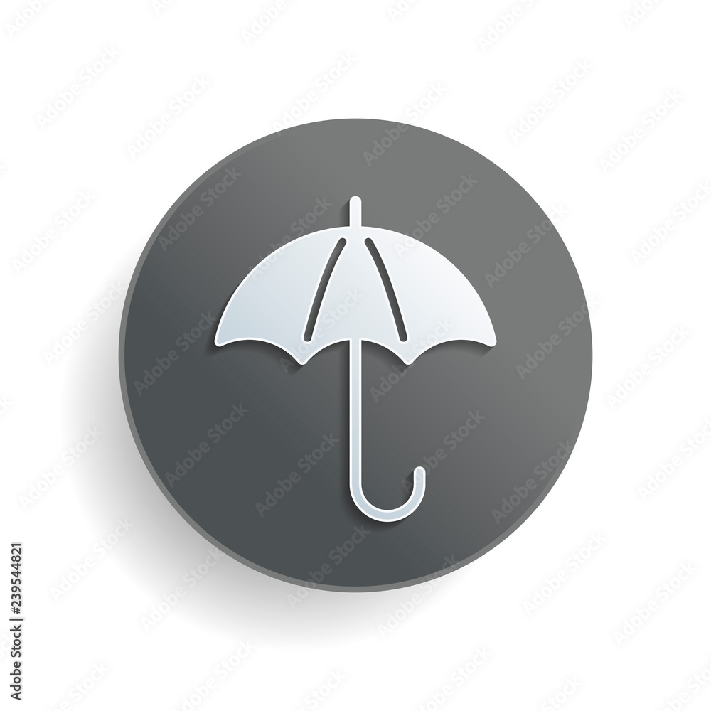 umbrella icon. White paper symbol on gray round button with shadow