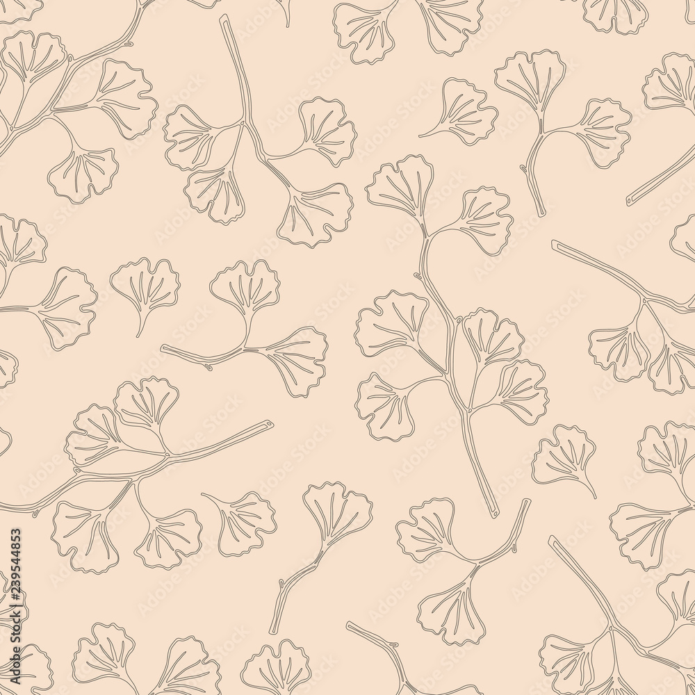  Delicate branches with leaves. Hand-drawing black and white pattern on a vintage pink background. Seamless vector pattern.