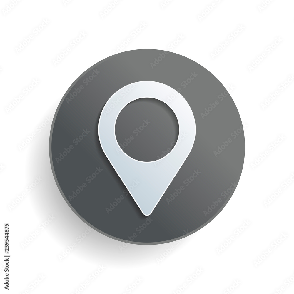 Map label icon. White paper symbol on gray round button with shadow Map label icon. White paper symbol on gray round button with shadow