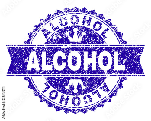 ALCOHOL rosette stamp seal imprint with distress style. Designed with round rosette, ribbon and small crowns. Blue vector rubber print of ALCOHOL title with dirty style.
