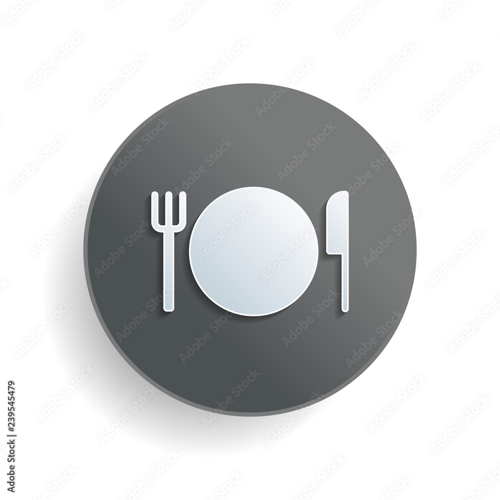 cutlery. plate fork and knife icon. White paper symbol on gray round button with shadow cutlery. plate fork and knife icon. White paper symbol on gray round button with shadow