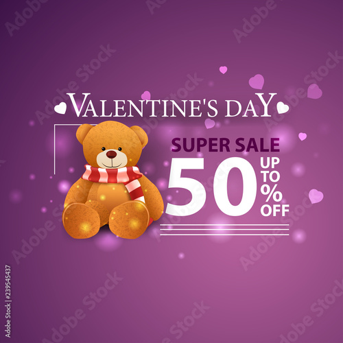 Discount purple banner for Valentine's Day with Teddy bear © DDevicee