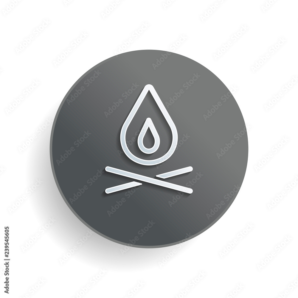 fire flame. simple silhouette. White paper symbol on gray round button with shadow fire flame. simple silhouette. White paper symbol on gray round button with shadow