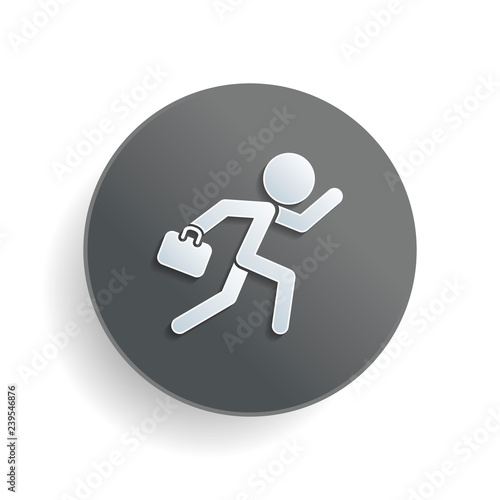 running man with case. White paper symbol on gray round button with shadow