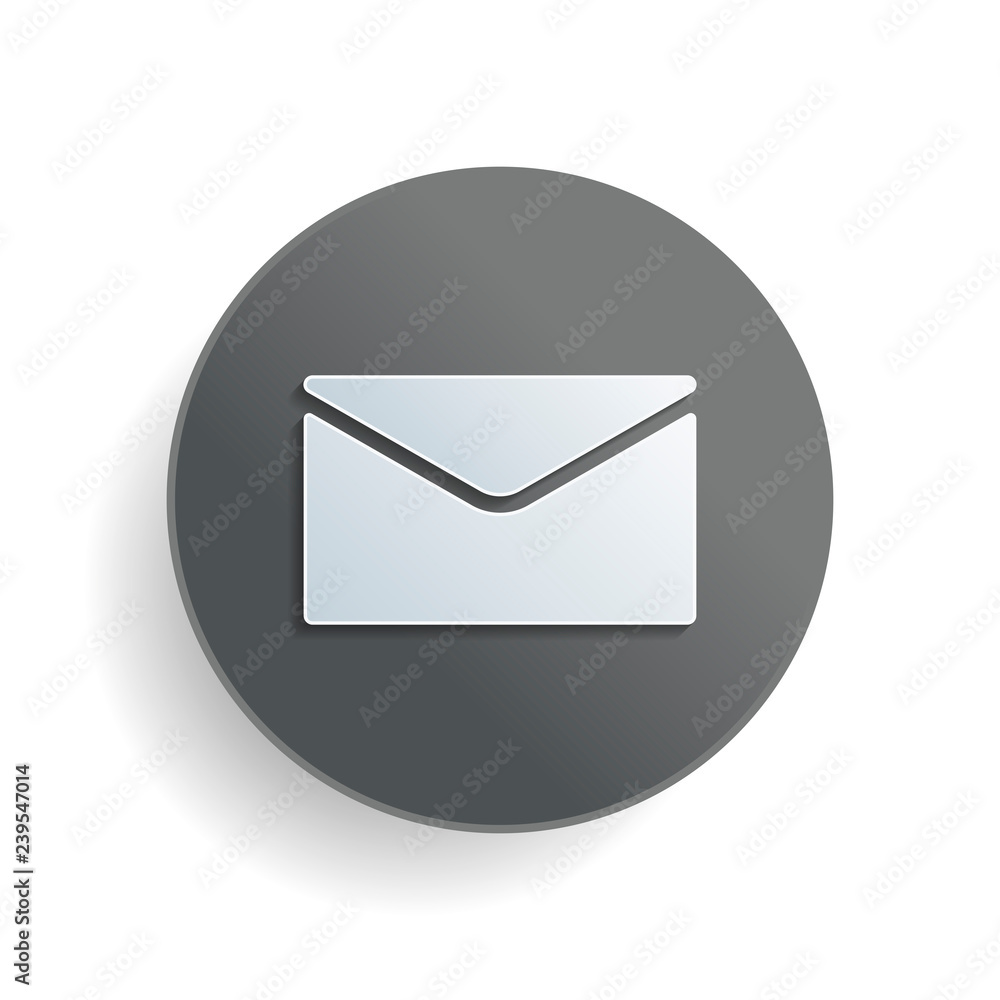 simple letter icon. White paper symbol on gray round button with shadow simple letter icon. White paper symbol on gray round button with shadow