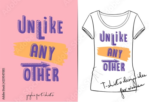 Vector illustration of cute purple cartoon lettering - unlike any other, drawn with a tablet, hand drawn imitation, 3D effect, fashion print for t shirt or pajamas for girl and woman