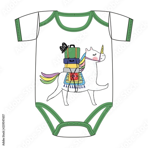 Vector clothes for newborn  of hand drawn cute unicorn with suitcases, stickerpack on bags, artwork, mexican or indian ethnic patterned poncho, boho chic style, fairy tale