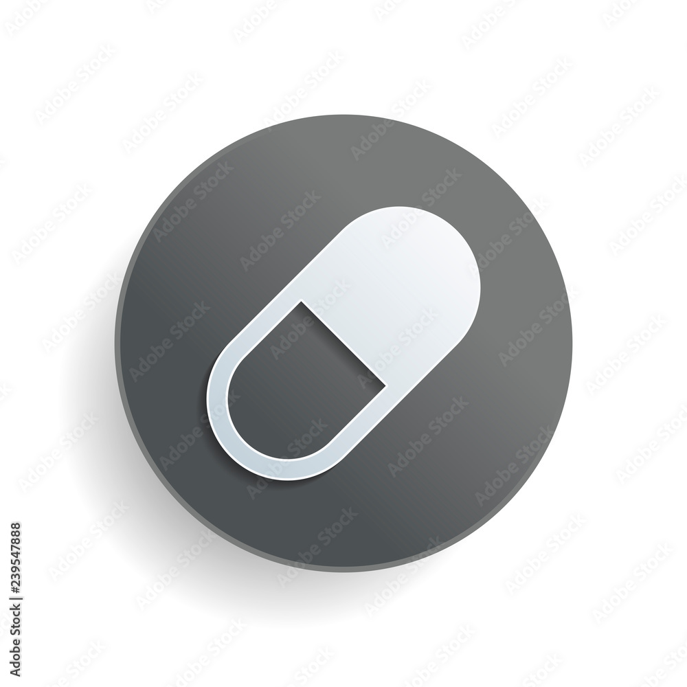 simple symbol of pill or vitamin. White paper symbol on gray round button or badge with shadow simple symbol of pill or vitamin. White paper symbol on gray round button or badge with shadow