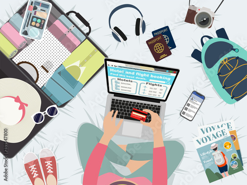 Booking hotel and flight online for journey.
