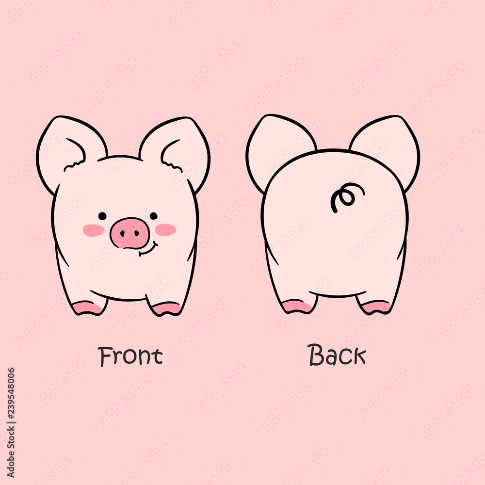 Vector illustration of cartoon cute pink pig front view and back view drawn with a tablet, cute smiling character isolated on empty background with big ears