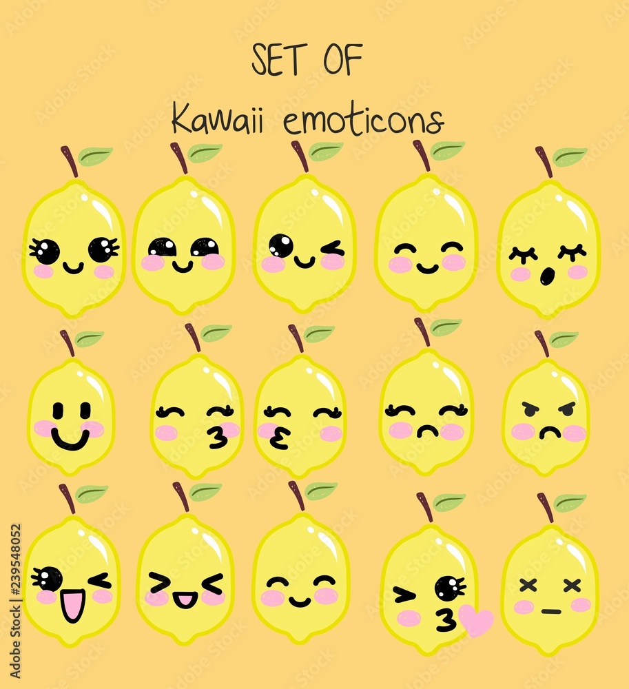 Vector set of kawaii emoticons, cute lemon with faces with different