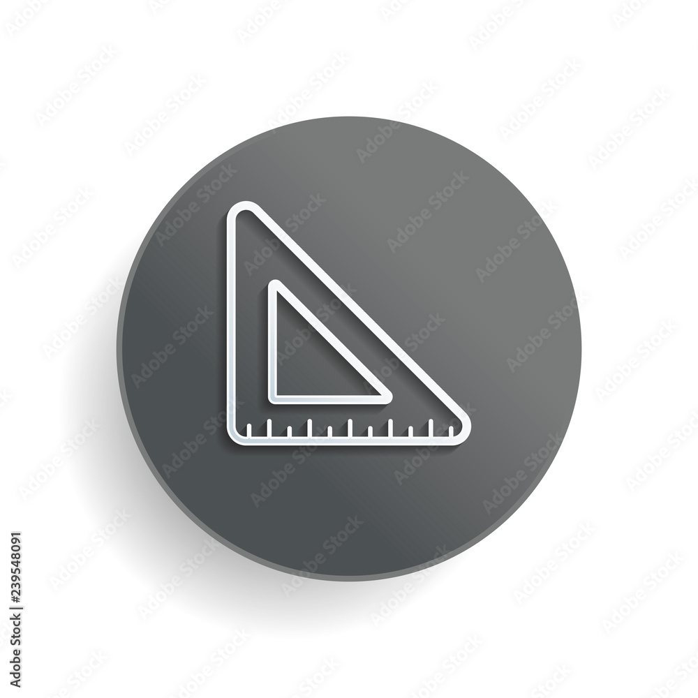 simple triangle, ruler. White paper symbol on gray round button or badge with shadow simple triangle, ruler. White paper symbol on gray round button or badge with shadow