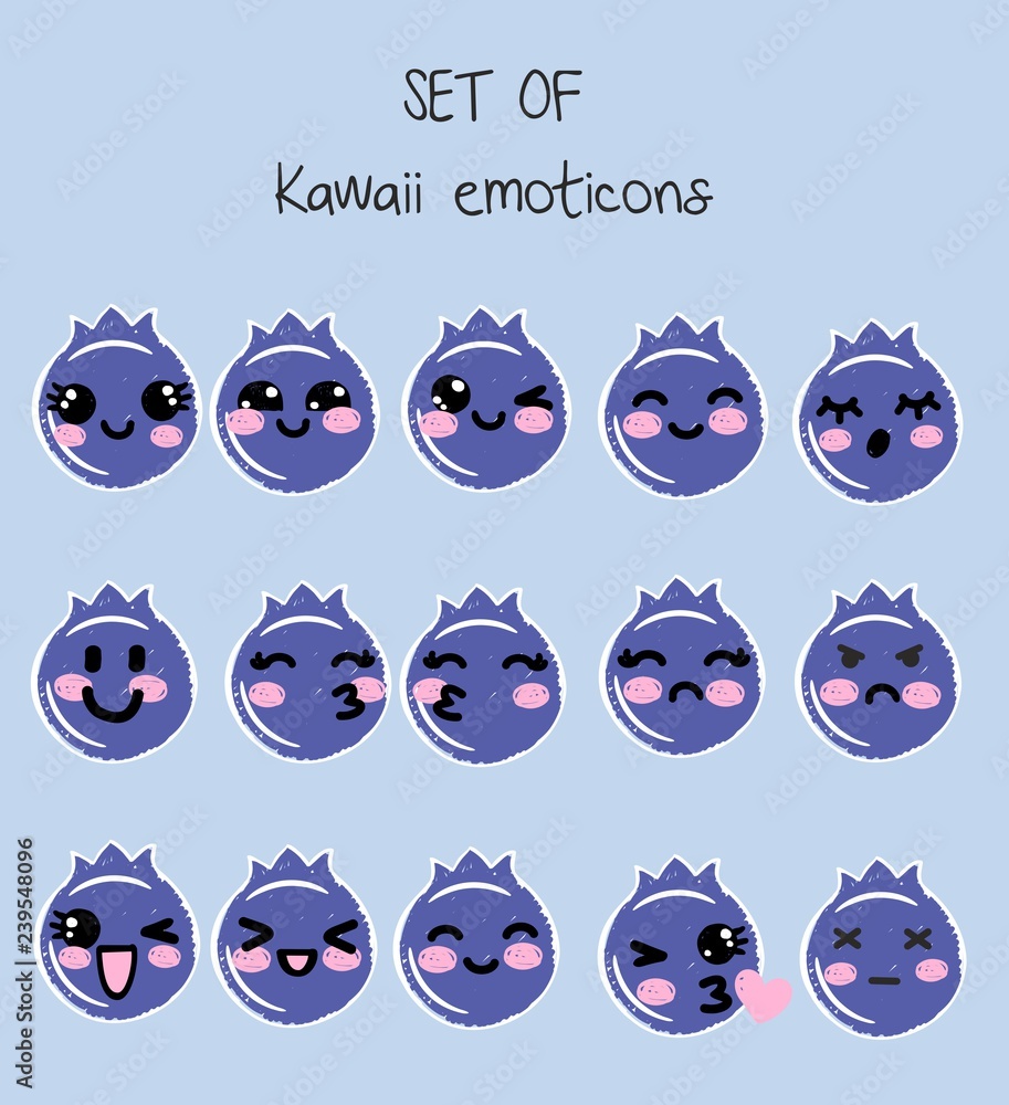 Vector set of kawaii emoticons, cute blueberry with faces with different  emotions, smiley, drawn in childlike manga anime style, collection of  simple emoticon emoji Stock Vector | Adobe Stock