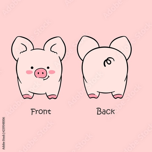Vector illustration of cartoon cute pink pig front view and back view drawn with a tablet, cute smiling character isolated on empty background with big ears