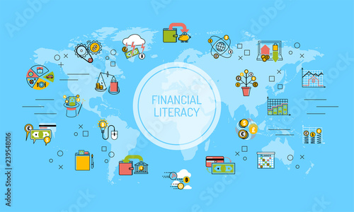 Financial literacy world map background saving money for education concept vector illustration. Outline earth economy education banking investment design.