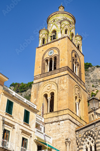 View of the Amalfi Cathedral and bell tower in the town of Amalfi, Italy