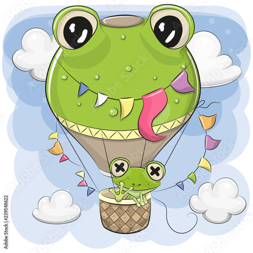 Cute Frog is flying on a hot air balloon