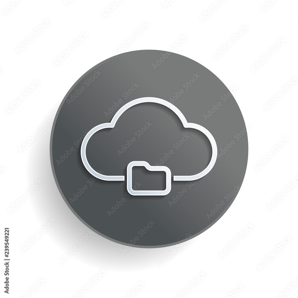 outline simple cloud and folder. linear symbol with thin outline. White paper symbol on gray round button or badge with shadow outline simple cloud and folder. linear symbol with thin outline. White paper symbol on gray round button or badge with shadow
