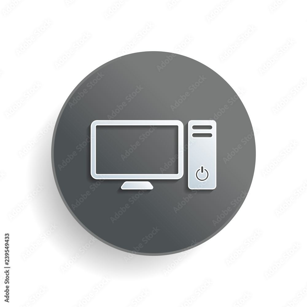 Personal computer, pc. System unit and monitor. White paper symbol on gray round button or badge with shadow Personal computer, pc. System unit and monitor. White paper symbol on gray round button or badge with shadow