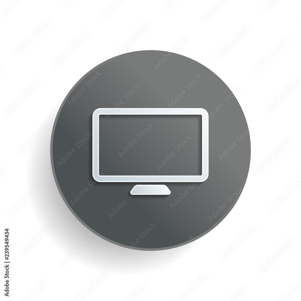 Computer monitor or modern TV. Simple icon. White paper symbol on gray round button or badge with shadow Computer monitor or modern TV. Simple icon. White paper symbol on gray round button or badge with shadow