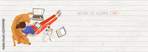 Working at home flat banner vector design idea