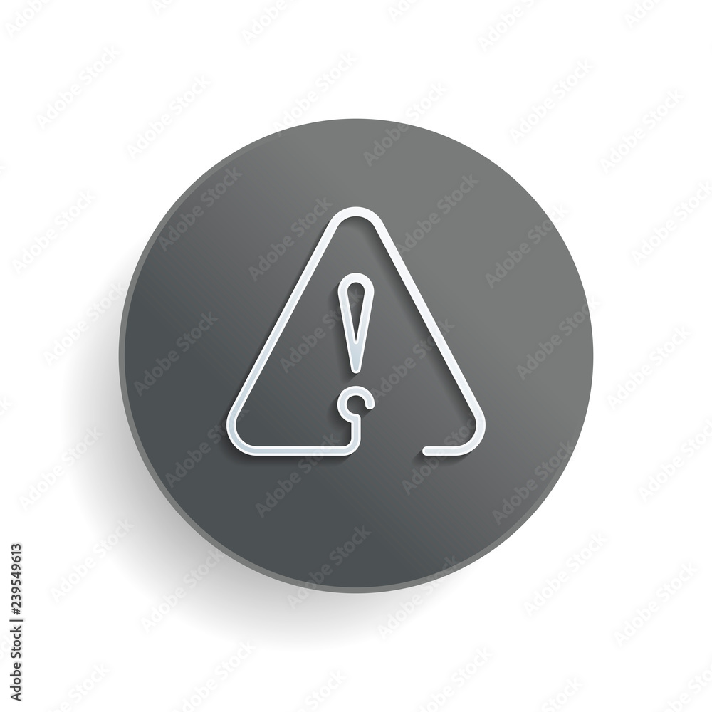 exclamation mark in warning triangle. linear symbol with thin outline. one line style. simple icon. White paper symbol on gray round button or badge with shadow exclamation mark in warning triangle. linear symbol with thin outline. one line style. simple icon. White paper symbol on gray round button or badge with shadow