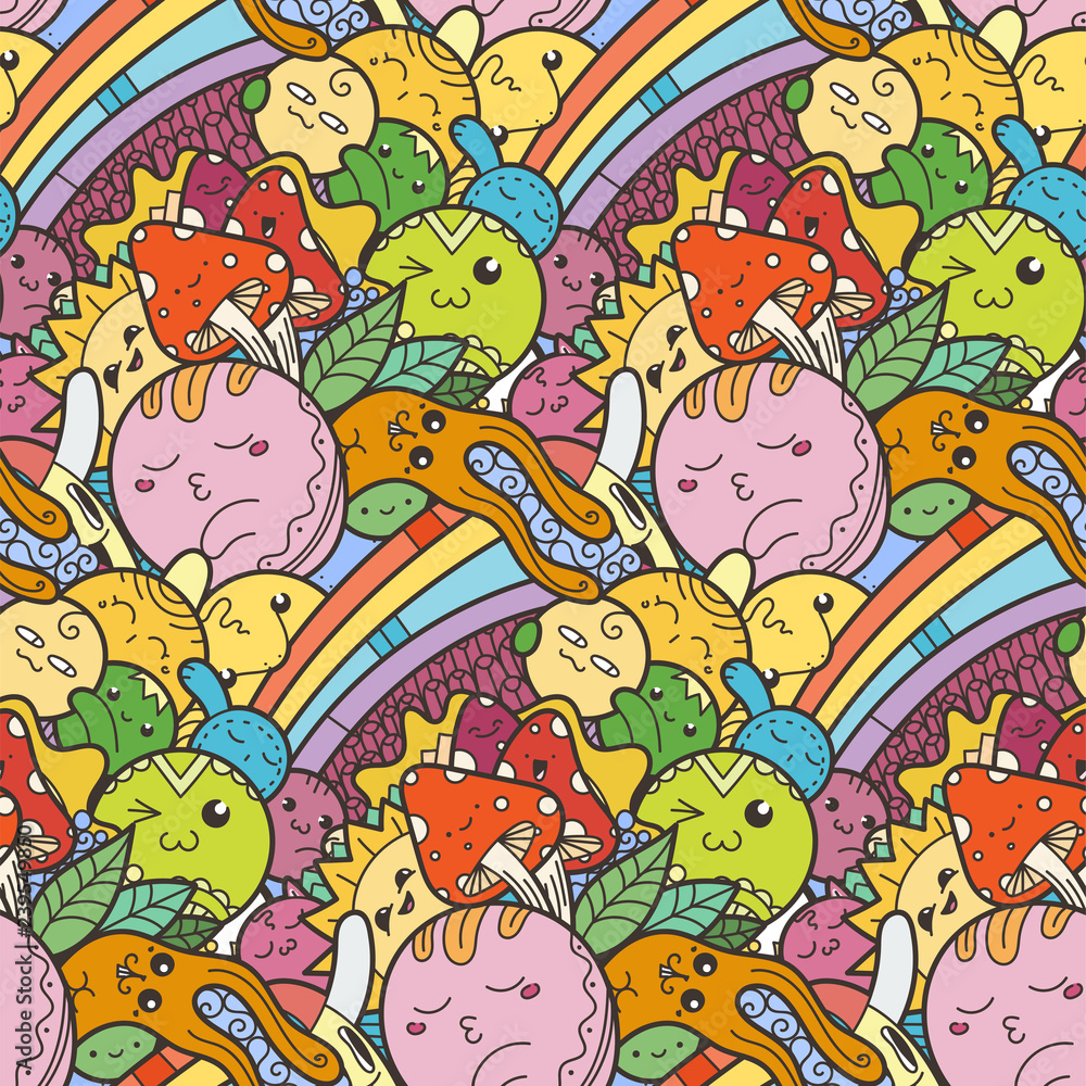 Funny doodle monsters on seamless pattern for prints, designs and coloring books Funny doodle monsters on seamless pattern for prints, designs and coloring books