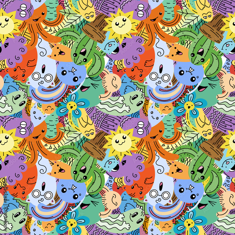 Funny doodle monsters on seamless pattern for prints, designs and coloring books Funny doodle monsters on seamless pattern for prints, designs and coloring books