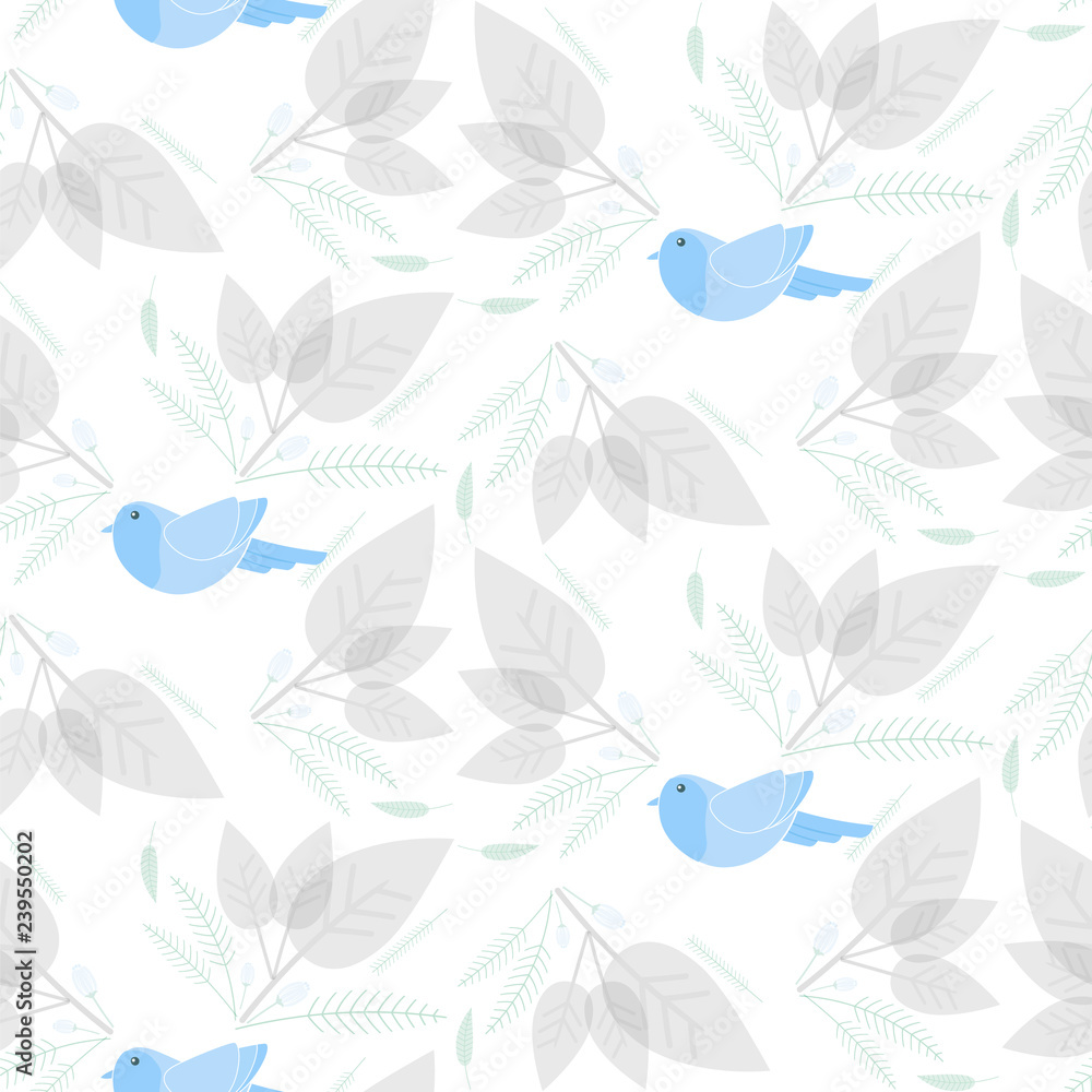 Bird with floral and leaf seamless pattern background