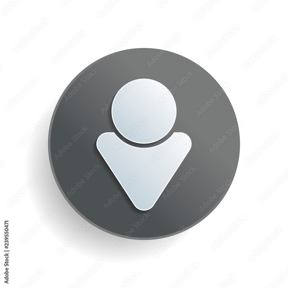 Simple male symbol. Man icon. White paper symbol on gray round button or badge with shadow Simple male symbol. Man icon. White paper symbol on gray round button or badge with shadow