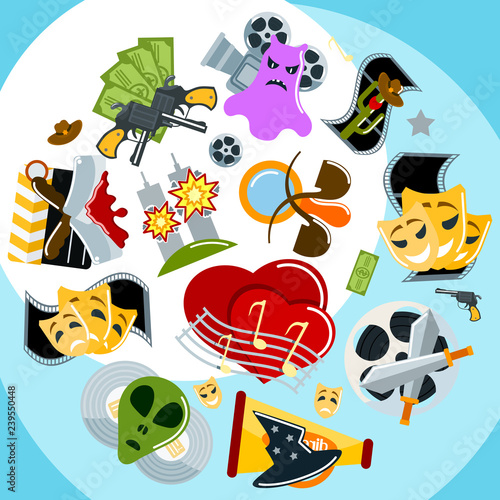 Film genres drama adventure detective pirate horror action background vector illustration. Genre cinema set icons cinematography comedy flat entertainment movie