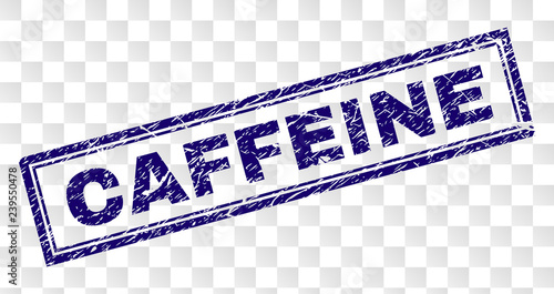 CAFFEINE stamp seal print with rubber print style and double framed rectangle shape. Stamp is placed on a transparent background. Blue vector rubber print of CAFFEINE title with unclean texture.